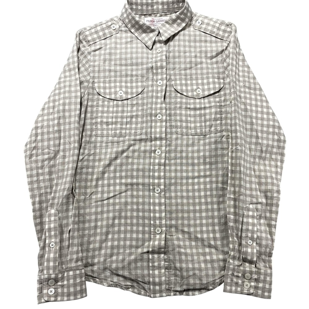 Filson Top Women Small Beige Linen Wool Shirt Military Gingham Plaid Roll Tab